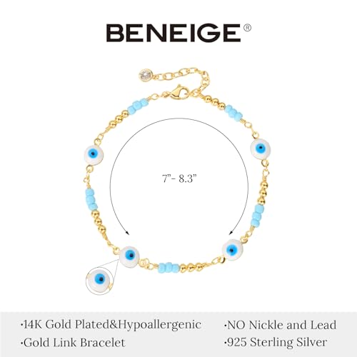 BENEIGE Women Bracelet 14K Gold Plated Paperclip Satellite Bead Ball Oval Cuba Cable Box Chain Daily Charm Layered Link Silver Bracelets Adjustable Jewelry - style: Eyes Beaded