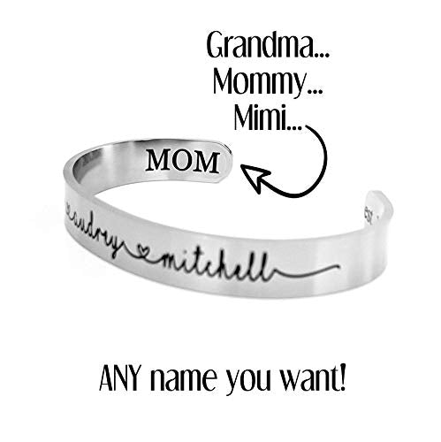 Personalized Name Bracelet for Women – Custom Engraved Stainless Steel Bracelet for Mom, Grandma, Sister or Friend – Double-Sided Engraving – Silver, Gold, or Rose Gold Keepsake Gift