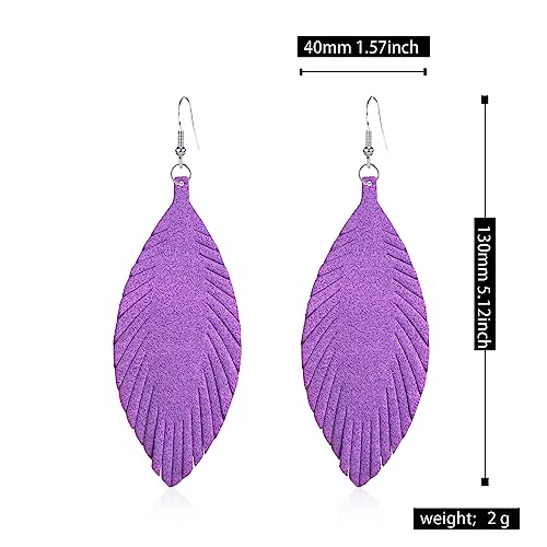 Large Genuine Soft leaf Leather Handmade Fringe Tassel Feather Lightweight Tear Drop Dangle Color Earrings for Women - color: Violet