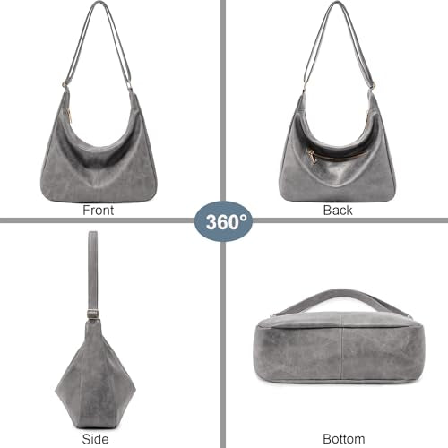 Hobo Bags for Women Foldable Vegan Leather Shoulder Handbag Slouchy Tote Crossbody Purses - color: Grey