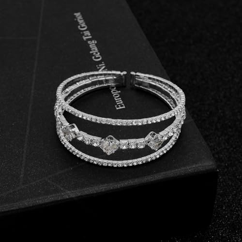 Women's Multi-Layer Rhinestone Cuff Bracelet Sparkling Crystal Tennis Bangle for Bridal Wedding Party - color: 1146 Silver