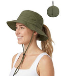 Womens Ponytail Sun Hat Packable UPF50+ Waterproof Bucket Hat Hiking Fishing Safari Hat Foldable Beach Hat - color: Army Green
