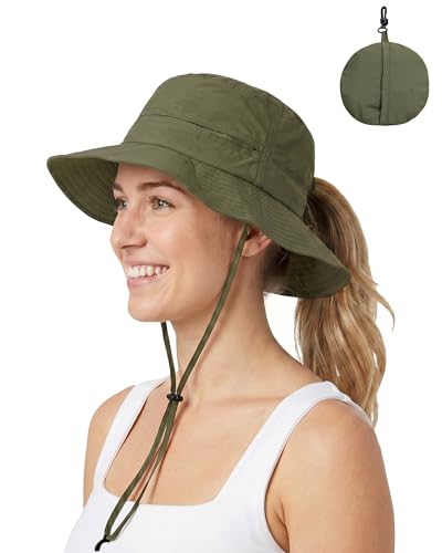 Womens Ponytail Sun Hat Packable UPF50+ Waterproof Bucket Hat Hiking Fishing Safari Hat Foldable Beach Hat - color: Army Green