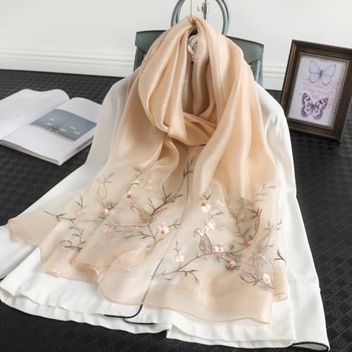 Jeelow Silk Blend Floral Fashion Scarf Shawl Wrap Lightweight Sheer For Women Floral Embroidery Wedding Party Prom - color: Khaki