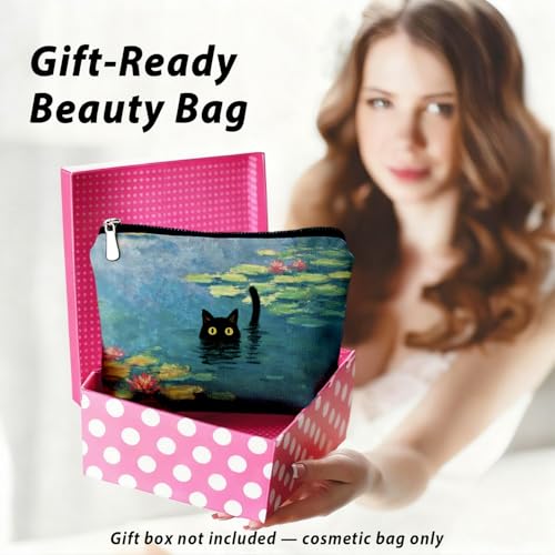 Black Cat Makeup Bag, Black Cat Mom Lovers Lady Gifts Cosmetic Bag for Women, Pet Lover Gifts, Impressionist Whimsical Waterlily Kitten Small Toiletry Bags Zipper Makeup Pouch - color: 02-Cat(00)