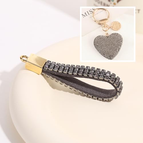 Keychain for Women Girls Bling Heart/Star/Strawberry Key Chain Accessories for Key/Backpack Bag Charm - color: Grey Heart