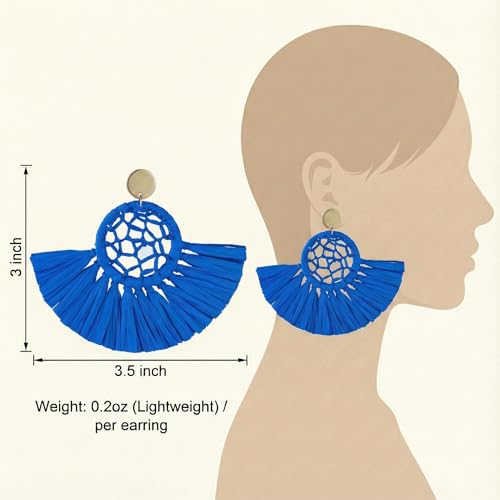 Boho Raffia Summer Beach Earrings for Women, Large Statement Dangle Drop, Lightweight Handmade Woven Fan Tassel Jewelry - color: Royal Blue