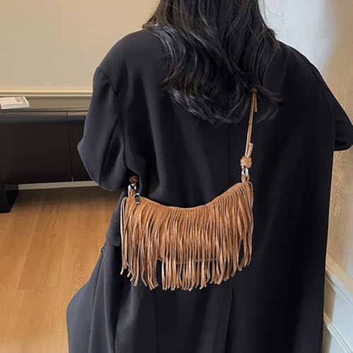 Women's Vegan Suede Fringe Crossbody Bag, Boho Crescent Shoulder Crossbody Purse, Retro Tassel Hippie Small Handbag Tote - color: Brown