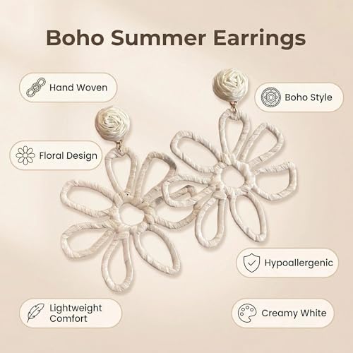 Woven Raffia Rattan Earrings for Women, Boho Flower Hoop & Drop Dangle Earrings Collection, Handmade Summer Beach Vacation Statement Earrings for Party Daily Wear - color: Raffia Flower Stud