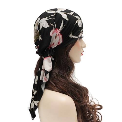 ZLYC Chemo Headwear Pre Tied Head Scarf Headwraps Lightweight Turban Beanie Cap for Women - color: Flower Leaves Black