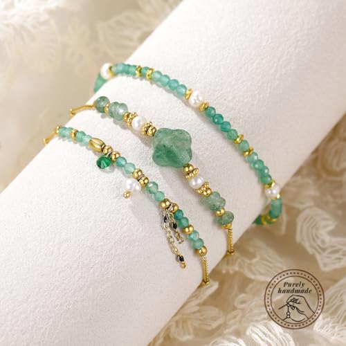 Beaded Bracelets Set for Women Stackable Healing Layered Bracelets Stack 3PCS Aquamarine Gemstone Crystal Dainty Boho Summer Jewelry for Women Natural Stone 14k Gold Plated - color: Green Strawberry Crystals