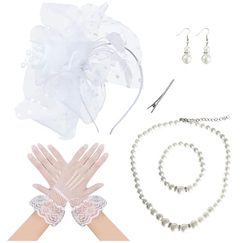 Fascinators Hat Pearl Earrings Necklace Bracelets Gloves 1920s Headband Hair Clips Women Flower Mesh Feather Headpiece Headwear Halloween Carnival Cocktail Wedding Tea Party Accessories White - color: White