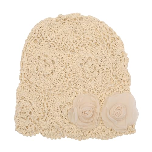 ZLYC Women Cotton Crochet Slouchy Beanie Hat Handmade Knit Summer Skull Cap - color: Decorative Flowers Beige