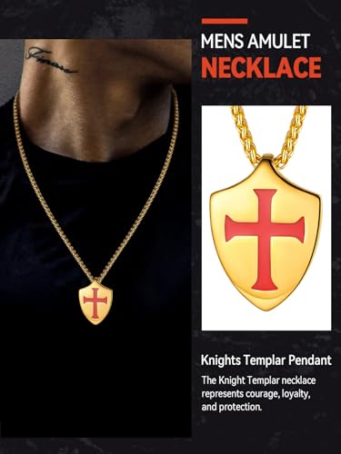 FaithHeart Knights Templar Necklace for Men, Christian Necklace for Men Stainless Steel Pendant Neckalces Christian Gifts with Gift Box - color: 03. Shield-Gold