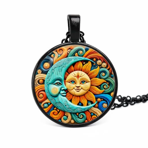 1pc Stunning Round Pendant Necklace - Unique Sun & Moon Pattern, Oil Painting Style Glass Mosaic, Alloy Construction, Trendy Sweater Chain, Fashionable Gift for Women - Christmas or Birthday Gift - color: Orange Sun/Blue Moon (Black)