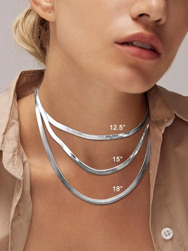 FOCALOOK 14K Gold Plated Necklaces for Women, Fashion Herringbone Choker Necklace Stainless Steel Flat Snake Chain 3/5MM(W) 12.5"/15"/18"+3.5"(L) - color: 5MM-Silver-15"