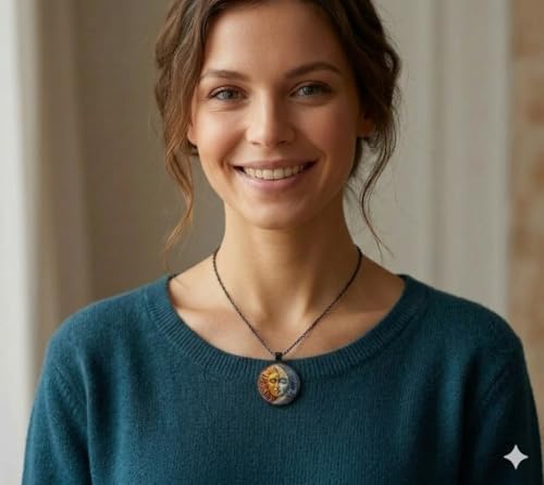 1pc Stunning Round Pendant Necklace - Unique Sun & Moon Pattern, Oil Painting Style Glass Mosaic, Alloy Construction, Trendy Sweater Chain, Fashionable Gift for Women - Christmas or Birthday Gift - color: Black Chain