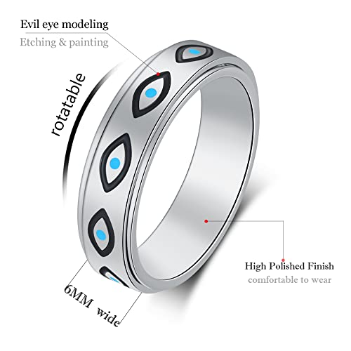 Anxiety Ring for Women Spinner Rings:Rotating Rings Stainless Steel 6mm Moon Star Anxiety for Men Band Jewelry Gift for Women Size 6 7 8 9 10 - color: Evil Eye-Silver