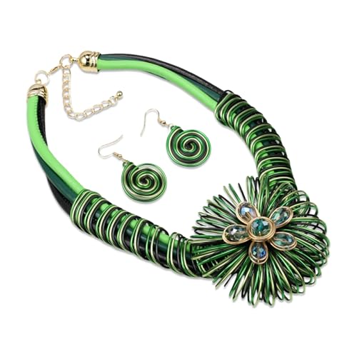 Ethnic Crystal Rhinestone Pendant Necklace Earrings Set Women Handmade Tribal Collar Choker Chunky Metal Bib Rope Chain African Statement Jewelry Set - color: NXR1418-green