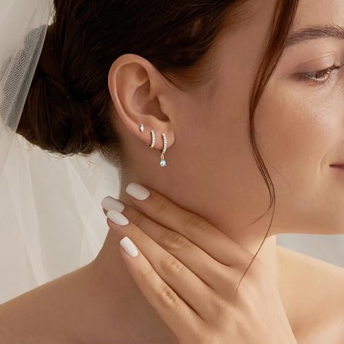 14K Gold Plated Small Huggie Hoop Earrings Set for Women, Hypoallergenic Dainty Sterling Silver Dangle Studs for Cartilage Helix, Lightweight Trendy Cute Stack Birthstone Jewelry Gift - color: 03_Aquamarine_Mar_Gold
