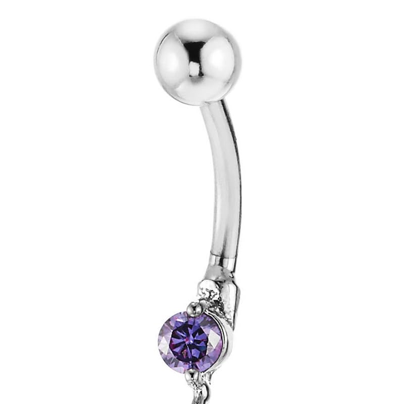 COOLSTEELANDBEYOND Belly Chain Belly Button Ring Body Jewelry Piercing Navel Ring with Long Dangle Cubic Zirconia - color: F-Metal Color:Silver; Stone Color:Purple