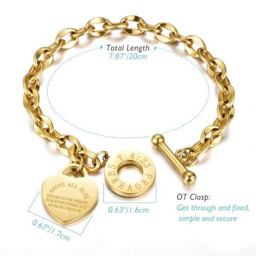 Emibele Heart Charm Bracelet for Women, Bible Verse Bracelet Stainless Steel 18K Gold Plated Bracelet Love Pendant Link Chain OT Clasp, Birthday Christmas Jewelry Gift for Mother Her - color: 14K Gold Heart