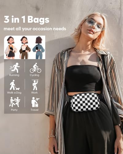 Pritent Fanny Packs for Women Cross Body Bag Waterproof Belt Bag with Adjustable Strap and Zipper Back Pocket Small Crossbody Bags Fashion Waist Packs for Workout Travelling(Checkered Black, Large) - color: Checkered Black, size: Large