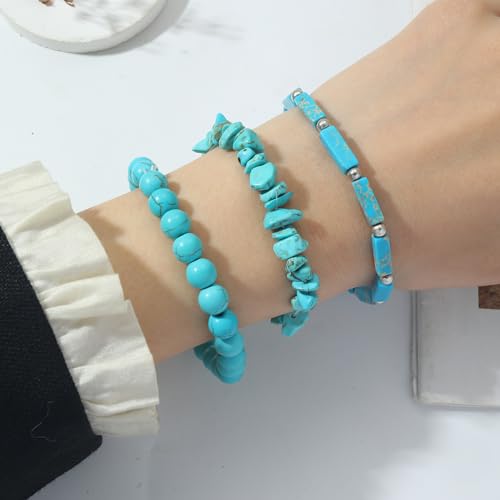 3Pcs Natural Stone Bracelets for Women 8mm Crystal Beaded Bracelets Handmade Stretch Bracelet Healing Crystal Jewelry for Women - style: Turquoise bracelets