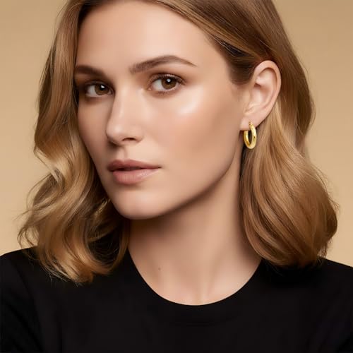 Gold Plated Hoop Earrings for Women 14K Gold Plated Earrings for Women Hypoallergenic Lightweight Wrinkle Texture Earrings Womens 20mm/25mm/30mm - size: 25mm