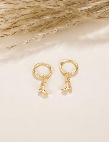 Mameloly Cowgirl Earrings for Women CZ 14K Gold Plated Western Cowboy Hat Dangle Hoop Earrings Cute Jewelry Hypoallergenic - color: Boot