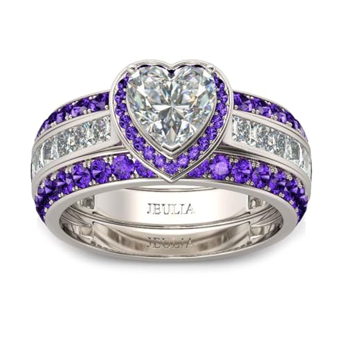 Jeulia Engagement Interchangeable Ring Set for Women Heart Cut Sterling Silver Wedding Promise Brilliant Classic Band Fashion Anniversary Rose Gold Halo Diamond Bridal with Jewelry Box - color: Purple