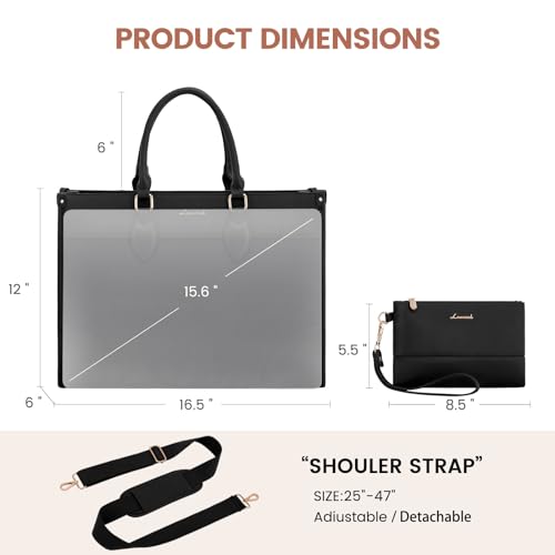 LOVEVOOK Laptop Bag for Women 15.6 lnch,Waterproof Laptops Tote Bags for Womens,Professional Work Bags for Women with Cup Holder,Large Laptop Purse Computer Briefcase Office Teacher Clutch Bag,2 PCS - color: Black(leather), size: 15.6 Inch