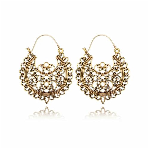 Boho Antique Carved Flower Dangle Drop Earrings for Women Vintage Retro Handmade Hollowed Antiqued Bronze Floral Shaped Geometric Gold Silver Plated Hoop Earrings for Ethnic Style Jewelry Gifts - color: Gold flower hoop earrings