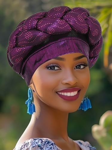 Woeoe African Headwrap Gold Braided Turbans for Women - color: Purple