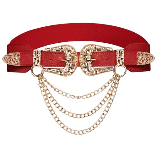 Dubulle Womens Belt Chain Leather Belts Vintage Western Adjustable Elastic Double Buckle for Cowboy Pant Dress - color: Red Gold