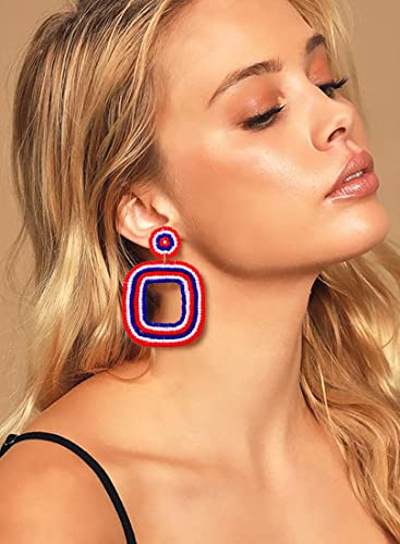 Beaded Drop Earrings Multicolored Seed Bead Earrings for Women Bohemia Statement Square Bead Hoop Dangle Earrings for Wedding Party Vacation - color: Red White Blue