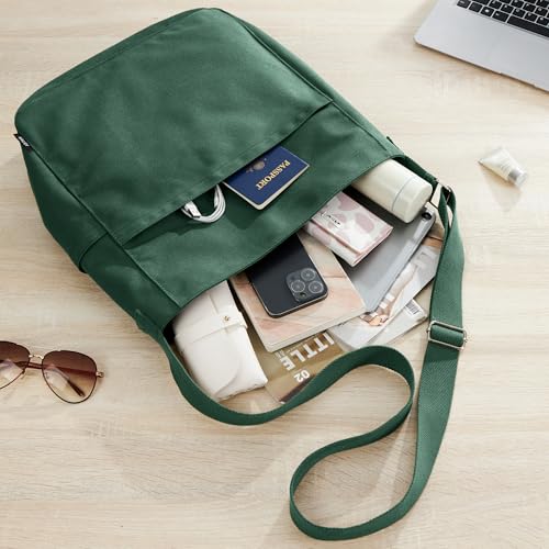 KALIDI Canvas Tote Bag Large Hobo Crossbody Shoulder Handbag Zipper Messenger Bag for Women or Men Casual College Work - color: Alpine Green