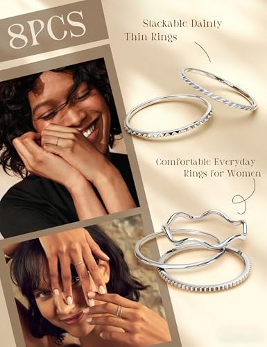 THUNARAZ 8Pcs 1mm Stainless Steel Rings for Women Men Fashion Plain Band Knuckle Stacking Midi Thumb Dainty Thin Rings Set Size 5-10 Silver Gold Tone - color: Silver