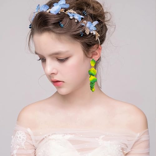 Long Acrylic Rose Petal Earrings Dangle Exaggerated Flower Earrings Drop Statement Floral Tassel Earrings for Women - color: Neon Green + Yellow