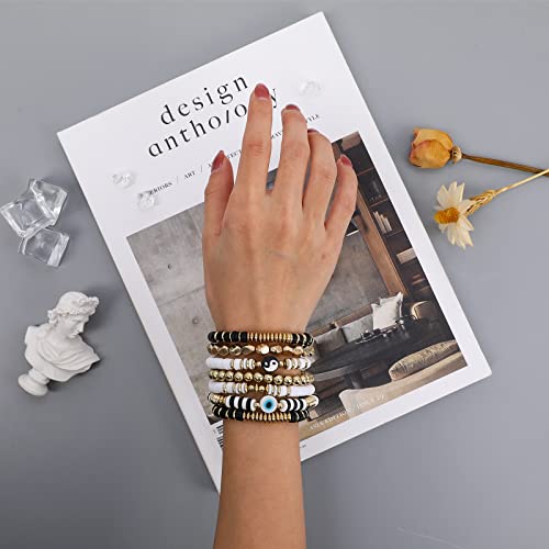 Colorful Heishi Surfer Bracelets Set for Women Stackable Clay Beaded Bracelets Disc Stretch Preppy Bracelets Smiley Face Friendship Bracelets Team Cheer Bulk Boho Summer Beach Jewelry Gift - color: Black and White