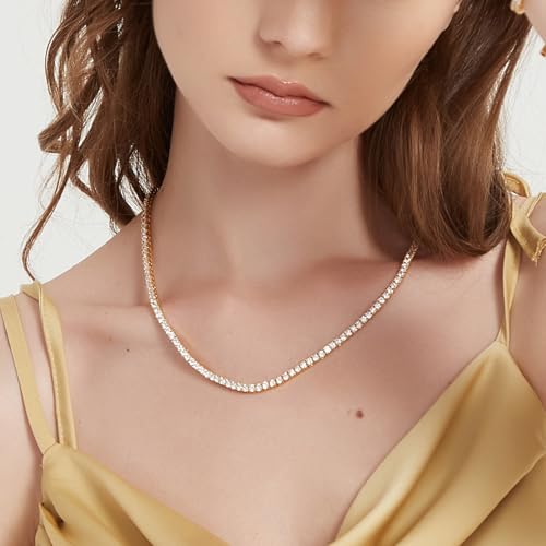 BREN Tennis Necklace - 3mm 4mm 5mm Iced Out Diamond Tennis Chain 5A Cubic Zirconia Necklace - 18K/White Gold Plated Flat Tennis Necklace for Women and Men Size 16"-22" - color: Gold-3mm, size: 18 inch
