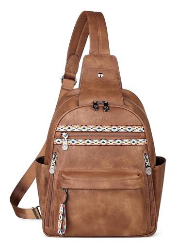 FADEON Large Sling Bag for Women, Leather Crossbody Purse Designer Anti Theft Sling Backpack, RFID Fanny Packs for Travel - color: 1 Brown Retro Style