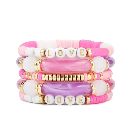 Elegance 11 designs colorful bracelets for women Surfer Thick Tube Heishi Summer Beach Beaded Stackable Boho Stretch Bracelets - color: Bright Red
