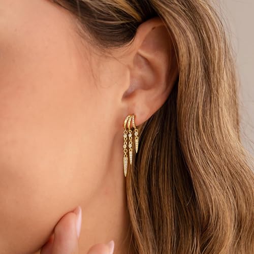 Dangle Earrings For Women, Dainty Gold Drop Statement Earrings 14K Gold Plated Long Huggie Earrings for Women Trendy Hypoallergenic Dangly Earrings Small Triple Hoops Earrings Fashion Jewelry - color: gold-three