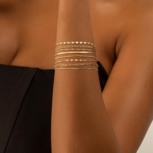 Tewiky Waterproof Gold Bracelets for Women Non Tarnish - Dainty Stack 14K Gold Plated/Sterling Silver Chain Bracelets Set Adjustable Trendy Jewelry for Women - style: Style D