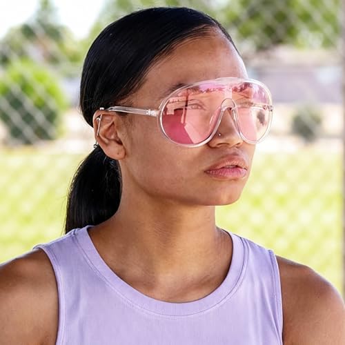 Dollger Oversized One Piece Sunglasses For Women Fashion Men Wrap Around UV400 Shield Goggles - color: Transparent Frame Pink Lenses