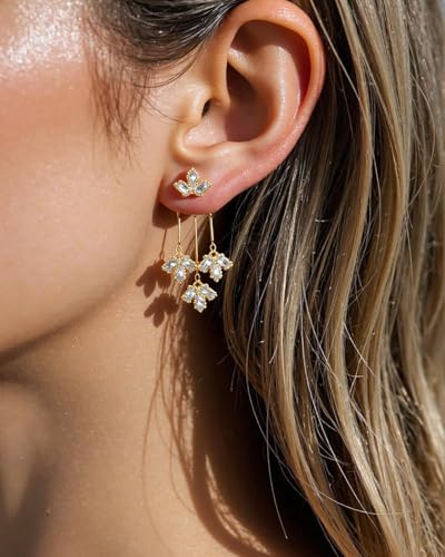 Prom Earrings for Women Gold Chandelier Earrings Dangle Dainty Flower CZ Long Tassel