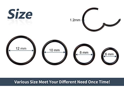 4Pcs 16G 18G 20G Surgical-Steel-Piercing-Ring-Nose-Rings-Hinged-Hoop-Earrings,6mm 8mm 10mm 12mm Seamless Stainless Steel Clicker Eyebrow Septum Piercing Hoop,Sliver Black Gold Rose Gold Rainbow Body Jewelry Set - color: 16G Black