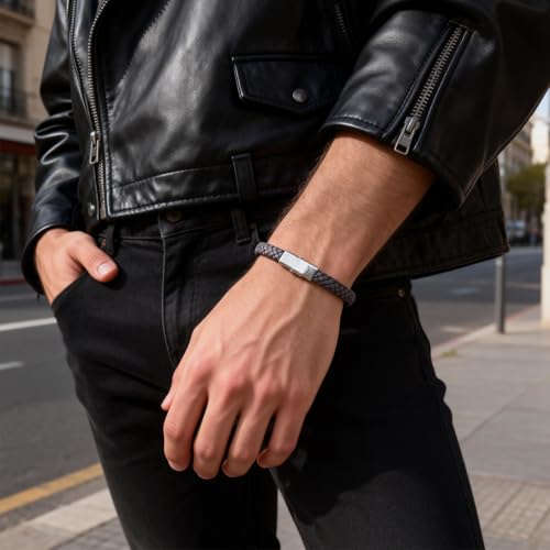 Men's Leather Bracelet, Stackable Stainless Steel Clasp Bracelets for Men Stylish Birthday, Thanksgiving, Valentine's Day Gift for My Man - style: 8.2" Long 5MM High-End Variegated