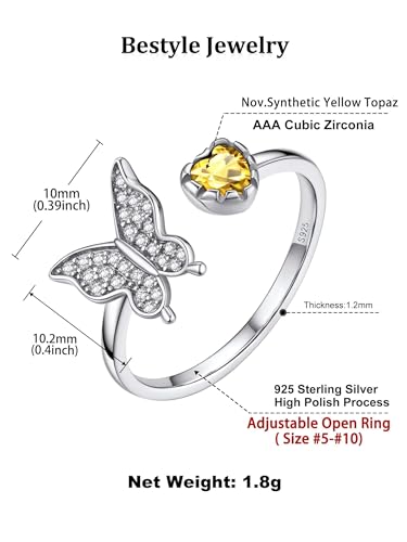 Bestyle 925 Sterling Silver Butterfly Ring Hypoallergnic Adjustable Birthstone Rings for Women Butterfly Jewelry Gifts for Anniversary Mothers' Day Birthday - color: 11.November (Citrine)